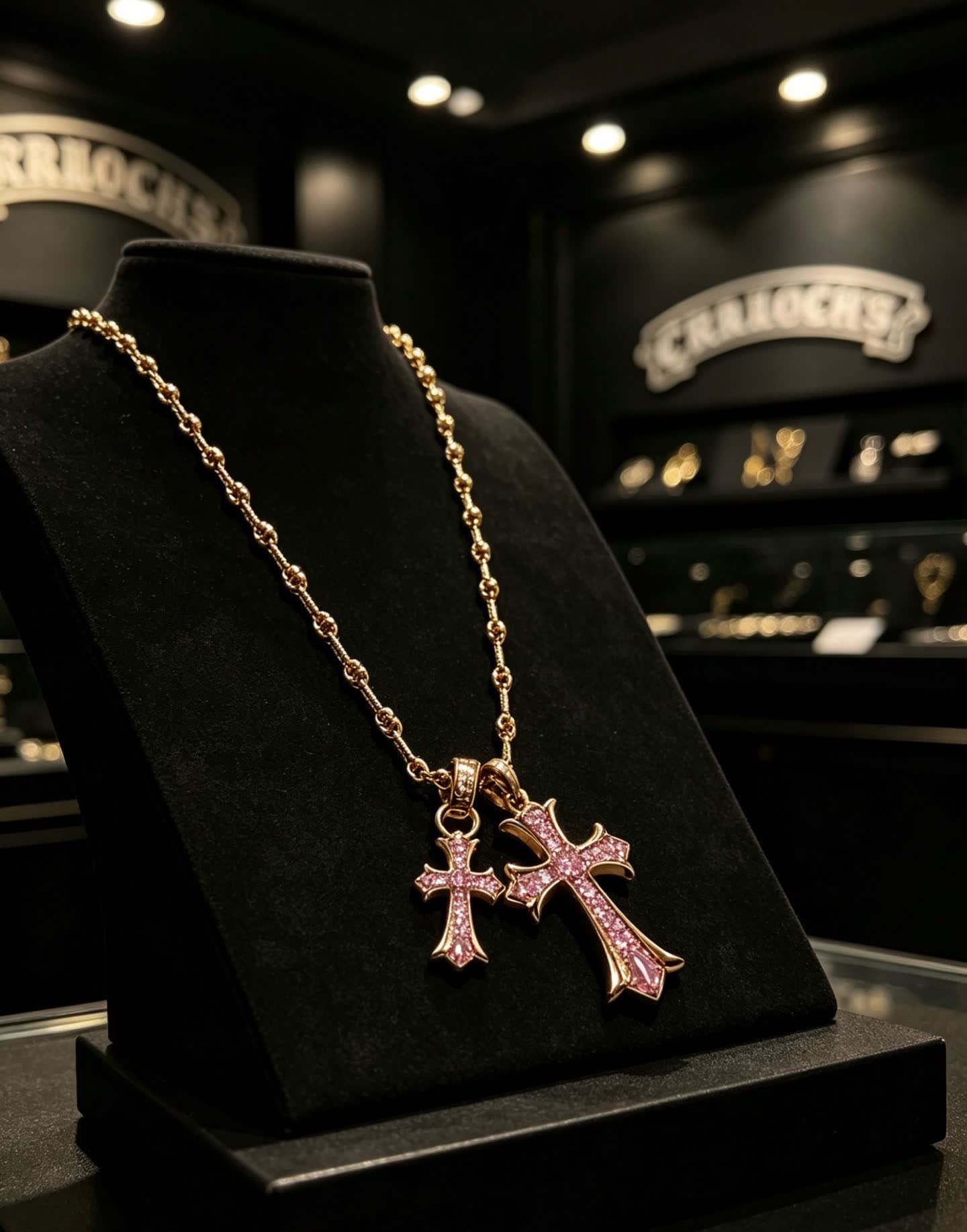 Chrome Hearts Gold Cross Pendant Necklace with Pink Stones